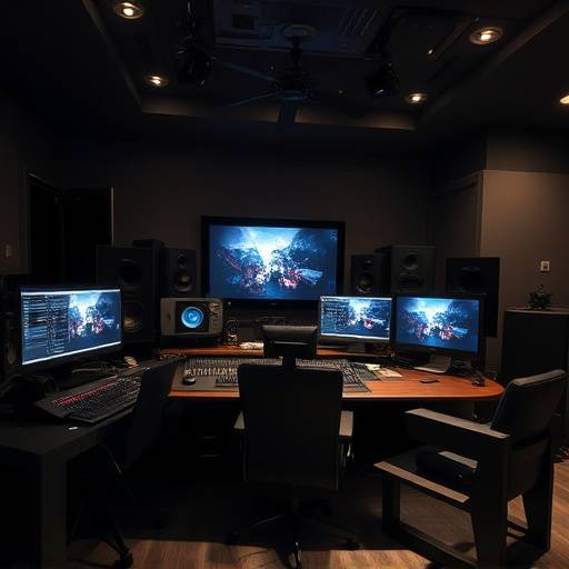 Billede af Stjerne Interview Studios' redigeringssuite med Avid Media Composer og professionelt lydudstyr.